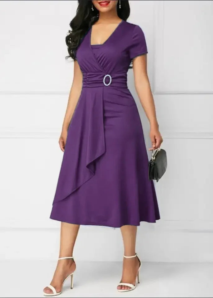 Solid Color Short Sleeve Party Dress